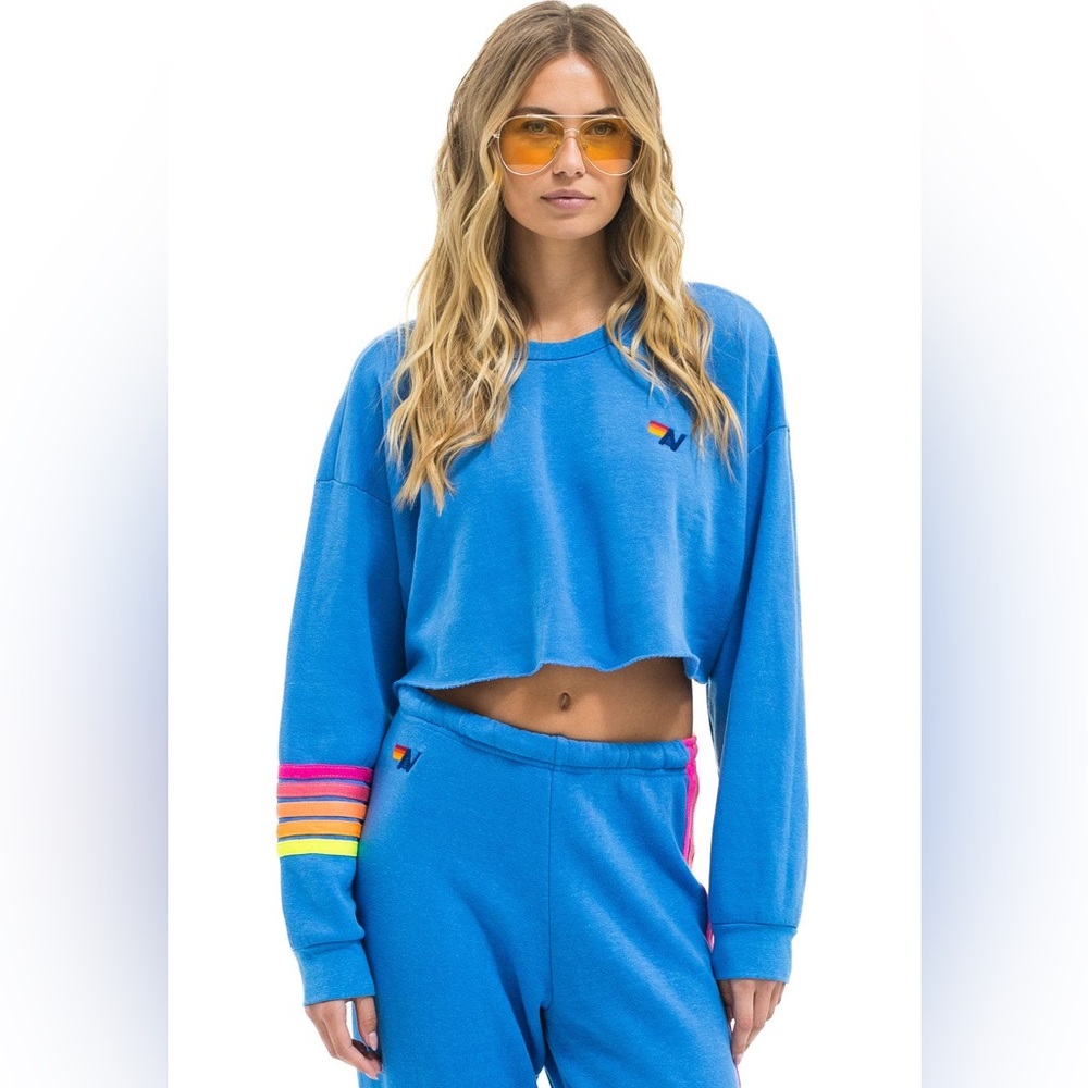 Aviator Nation RUGBY STITCH CROPPED Blue Sweatshirt Rainbow Sleeve Stripes